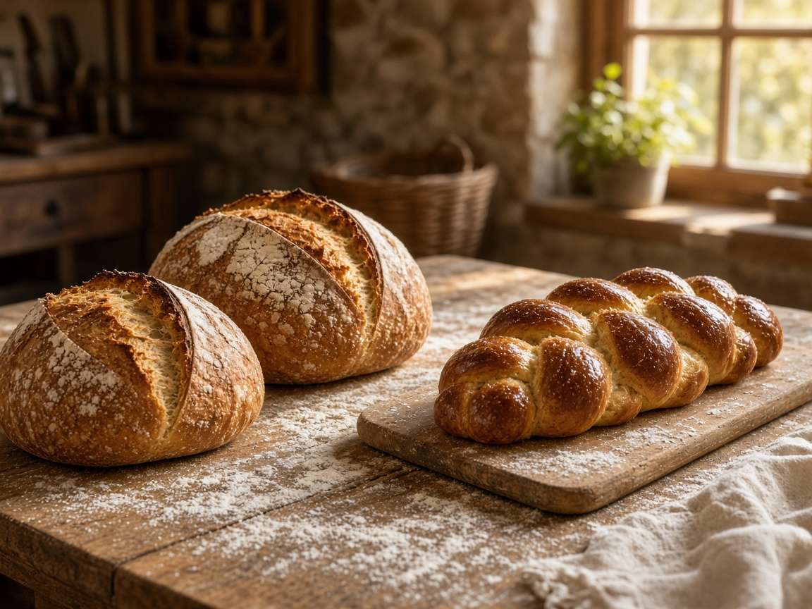 Twee desembroden en een glanzend vlechtbrood op een met bloem bestoven houten tafel
