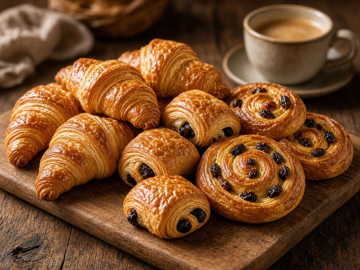 Croissants, chocoladebroodjes en rozijnenkoeken op een houten plank naast een kop koffie
