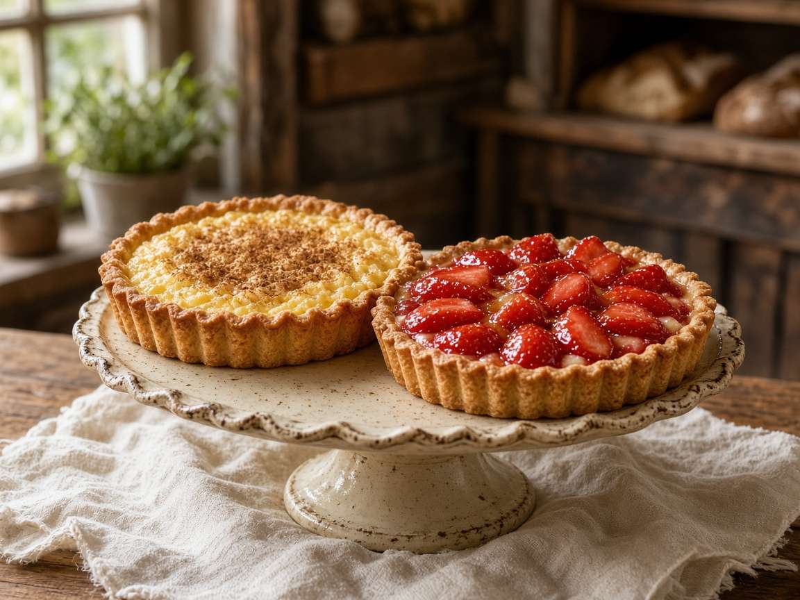 Een rijsttaart en een aardbeientaart op een oude taartschaal